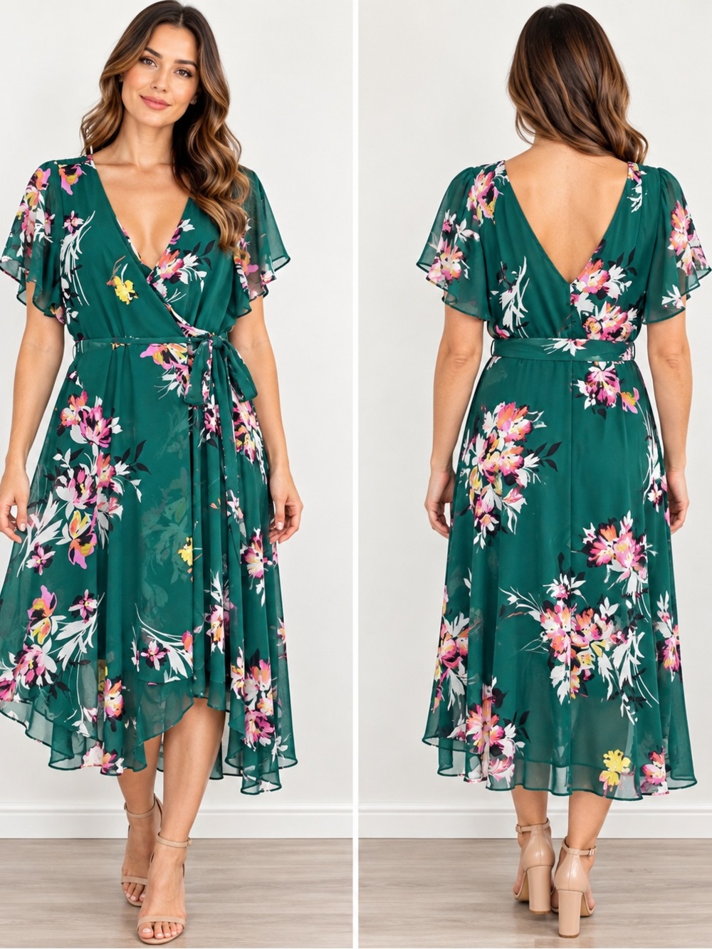 Torrid Green Floral Chiffon Wrap Midi Dress Flutter Sleeve Size 1 14/16